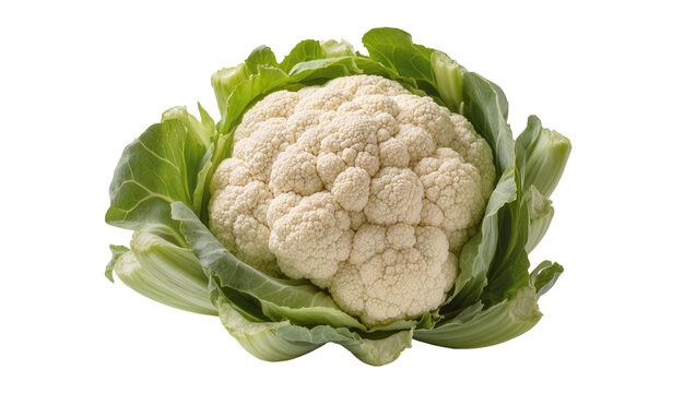 Fresh white cauliflower with green leaves, isolated on transparent background