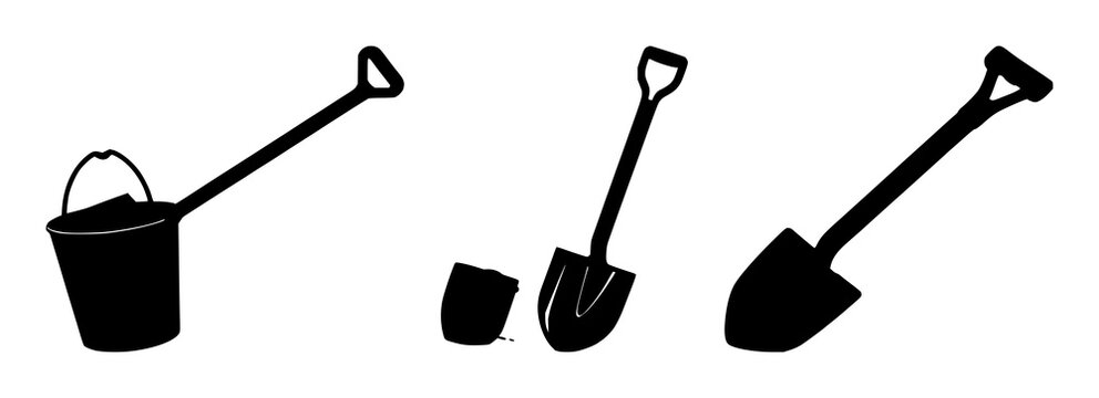 Bucket and spade set with black silhouette on white background featuring gardening tools, earthworks, landscaping with line art and illustration