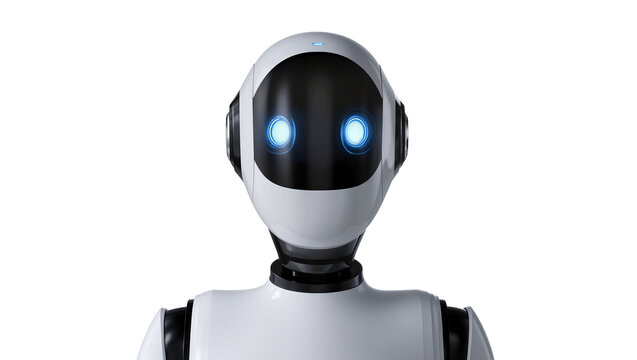 Modern humanoid robot with glowing blue eyes, isolated on transparent background