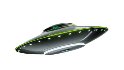 Sleek dark gray flying saucer with green neon lights, isolated on transparent background © LUXSTORY