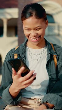 Phone, students and fist pump with girl in college for social media, scholarship approval and education goal. Communication, connection and success with person on campus for university chat forum