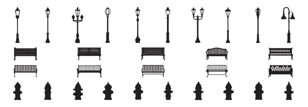 Set of street furniture icons, including various designs of street lamps, park benches, and fire hydrants