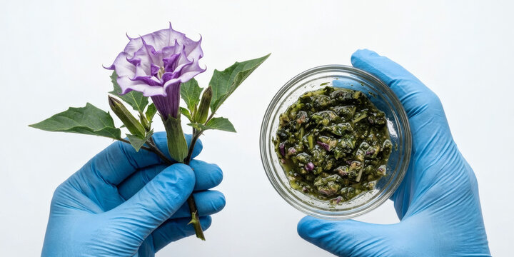 Researcher hands in blue medical gloves holding purple Datura metel or devils trumpet flower and crushed herbal paste in glass bowl for pharmacological research