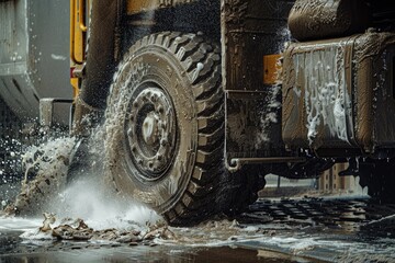 Fototapeta premium Heavy-duty truck tire splashing through muddy water and debris on a construction site.