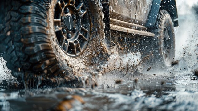 Off-road vehicle splashing through muddy water on a rugged terrain.