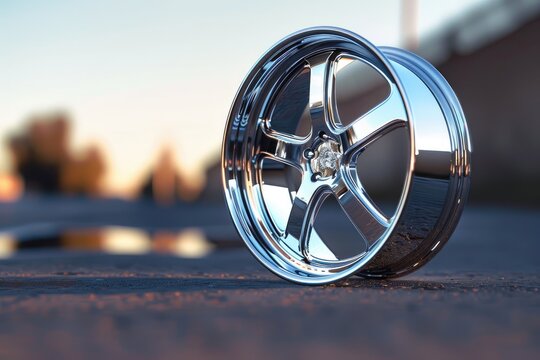 Shiny Chrome Car Wheel Rim Reflecting Sunset Light on a Dark Surface.