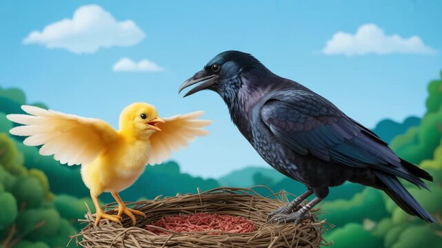Black crow and yellow chick in nest: nature wildlife interaction 4K Ai HD high quality video.