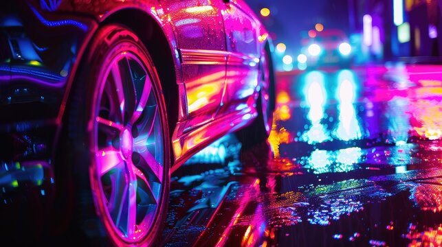 Vibrant Neon Lit Car Wheel on Wet City Street at Night.