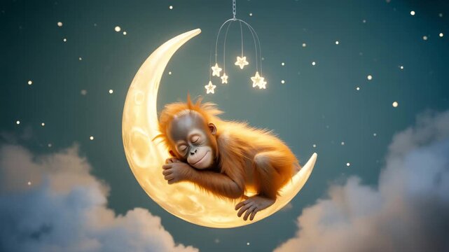 Cute baby orangutan sleeping on a glowing crescent moon in a starry night sky 4K Ai HD high quality video.