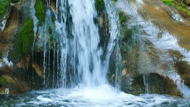 Scenic waterfall cascading over moss-covered rocks with flowing clear water into a refreshing pool in nature.