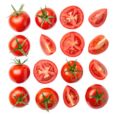 Fototapeta premium Comprehensive collection of fresh red tomatoes with whole fruit, round slices and wedges isolated on white background