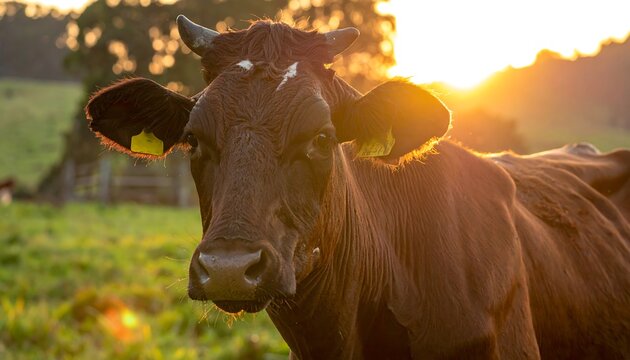 Close-up of a brown cow with horns, ears tagged, gazing directly at the viewer. Golden sunlight streams around