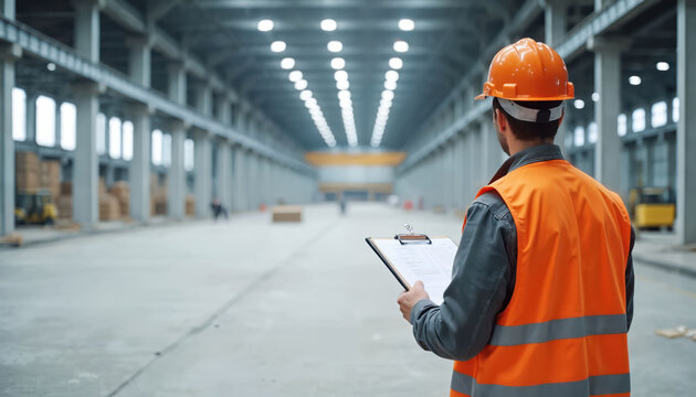 Builder in hard hat, vest holds clipboard checking large industrial warehouse construction site. Man inspects concrete floor, beams, pillars during building project. Worker surveys interior progress.