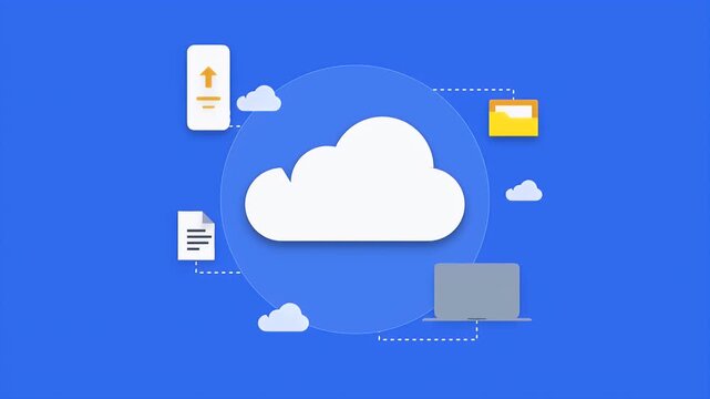 Flat design animation of cloud computing technology for data storage and synchronization across multiple devices.