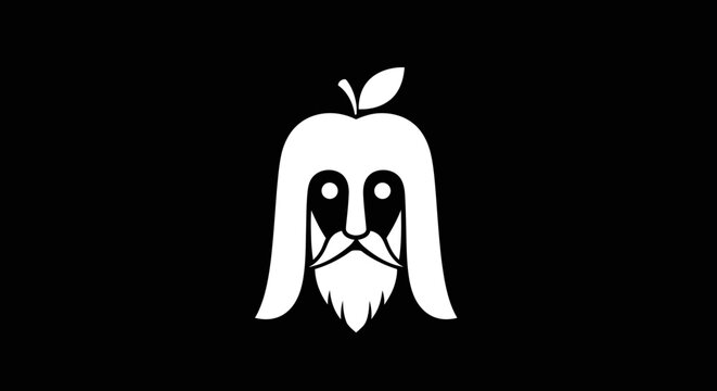 Minimalist apple logo with bearded man face on black background