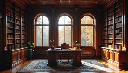 Fototapeta premium Ornate wood paneled library office with large desk and chair. Floor to ceiling bookshelves line walls. Arched windows reveal autumn trees outside. Luxurious study space, pro workspace, home library.