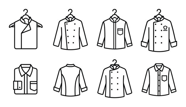 Collection of chef coat and shirt icons in outline style for culinary professionals and uniforms.