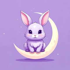 Obraz premium Cute white bunny sitting in crescent moon under starry purple sky illustration
