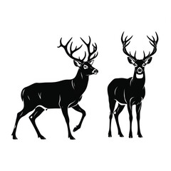 Obraz premium Majestic deer stags with large antlers black silhouette vector set isolated on white background for hunting and nature logos