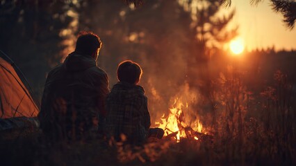 Obraz premium Family camping scene at sunset by a campfire. Perfect for outdoor, family, camping, fatherhood, vacation, nature, and lifestyle concepts.