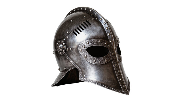 Ornate medieval knight helmet with riveted metal plates, isolated on transparent background
