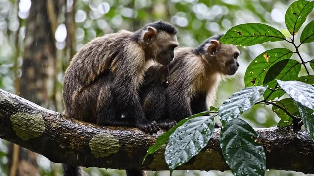 Two white-faced capuchin monkeys huddled together on a wet tree branch in a rainy tropical forest