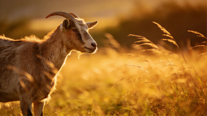 Fototapeta premium Goat Feeding in Golden Meadow Reflecting Natural Qurban Preparation