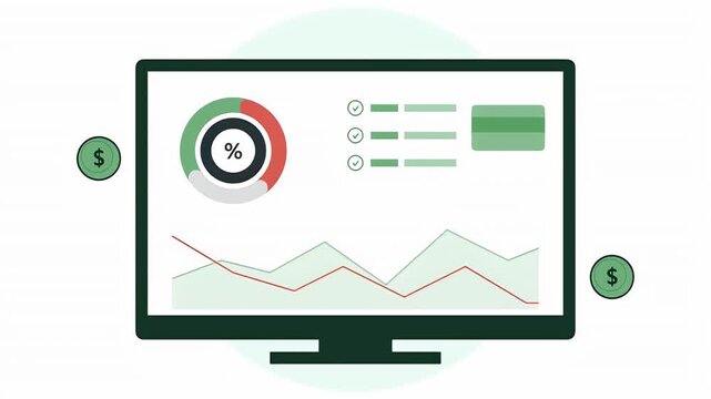 Animated financial dashboard on a computer monitor displays growth charts and dollar icons for business analysis.