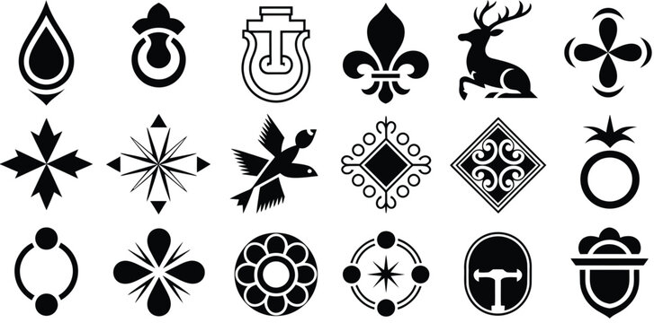 black decorative door knocker silhouettes set including antique medieval and ornamental styles, isolated architectural elements illustrating vintage metal hardware design for elegant historic door 