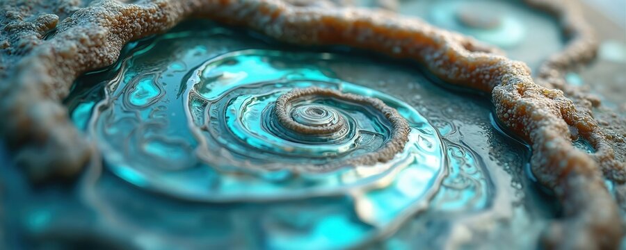 Close up macro view of abalone shell spiral pattern. Natural iridescent colors reflect light. Wet surface gleams with turquoise blue ocean water. Organic textured background detail.