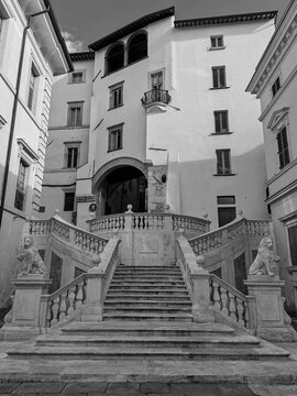Spoleto, Umbria, Italy - September 25, 2025, the steps and buildings of Piazza Pianciani, the small square dedicated to the illustrious Spoleto patriot Count Luigi Pianciani.