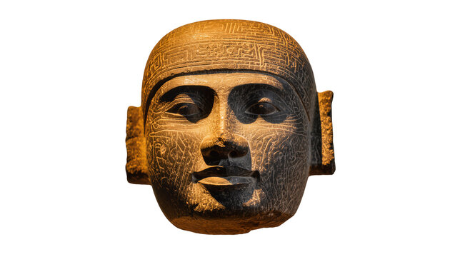 Ancient Egyptian stone head sculpture with carved headdress, isolated on transparent background