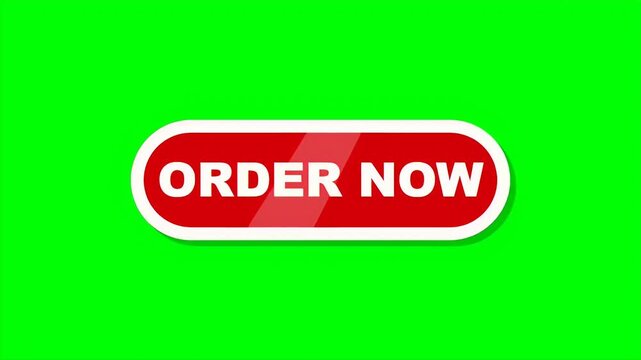 Red order now button being clicked by a hand cursor with a light sweep and ripple animation