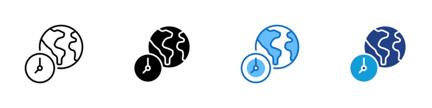 Global Time Multiple Style Icon Design Vector - Globe with clock representing worldwide scheduling, international coordination, and timezone management