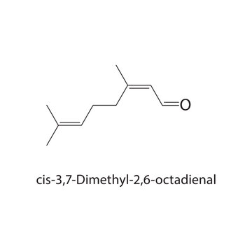 cis-3,7-Dimethyl-2,6-octadienal skeletal structure. aldehyde compound schematic illustration. Simple diagram, chemical formula.