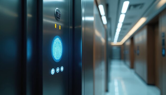 Modern elevator panel uses blue glowing fingerprint scanner for access control. Sleek metal and wood interior of office building hallway. Secure entry system inside a corporate facility.