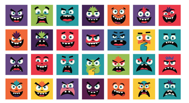 Large grid of colorful monster faces displaying a wide variety of funny dramatic and scary facial expressions.