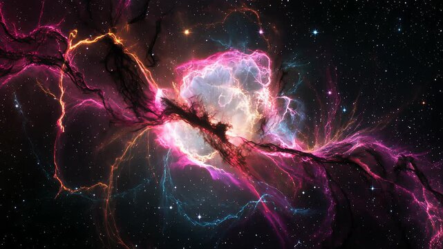 Stunning cosmic scene of a supernova explosion in deep space, with vibrant colors, glowing gas clouds, and dynamic stellar energy.