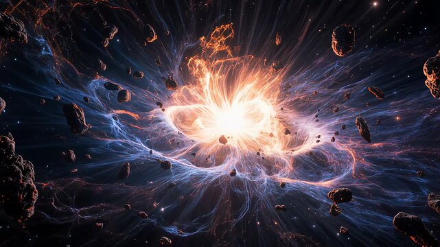 Stunning cosmic scene of a supernova explosion in deep space, with vibrant colors, glowing gas clouds, and dynamic stellar energy.