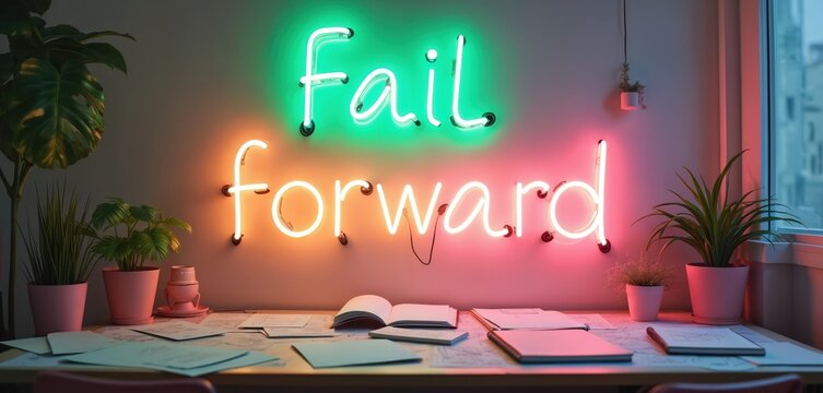 Neon sign phrase Fail forward glows green orange pink above desk with scattered papers notebooks, plants. Motivational office workspace concept for creativity inspiration learning. Business idea for