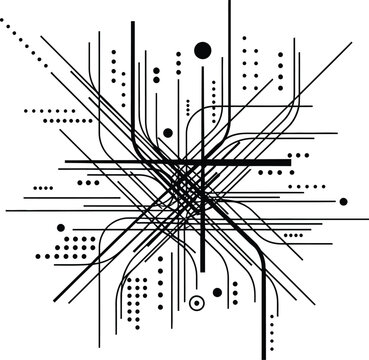 Complex abstract geometric pattern with overlapping lines dots and circles intricate design elements chaotic structure modern art background.