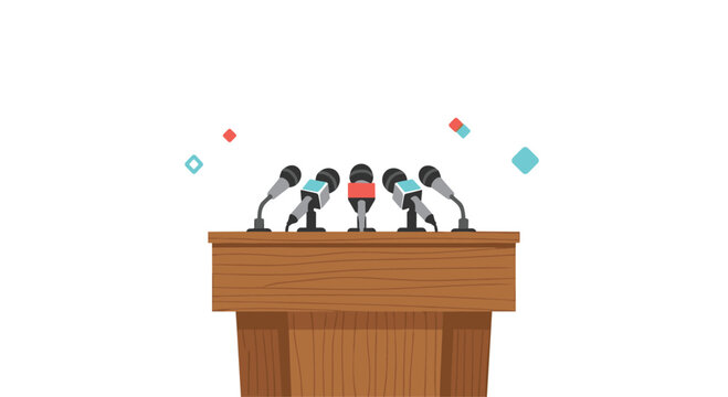Empty wooden podium at a press conference equipped with multiple microphones for media coverage and official announcements.