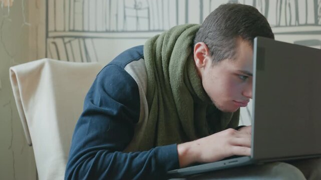 Young man focused on laptop, freelance programmer debugging code, tense posture, fingers hovering keyboard, green scarf, illustrated bookshelf backdrop, warm fairy lights, concentrated expression