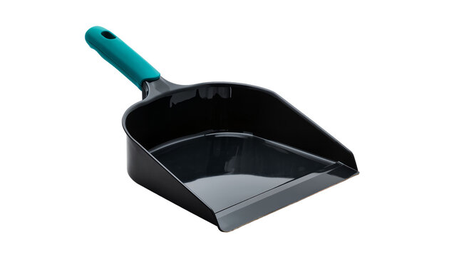 Black plastic dustpan with teal handle, isolated on transparent background