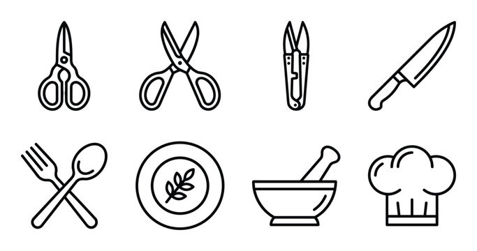 Cooking utensils and kitchenware outline icons, food preparation and restaurant equipment vector set.