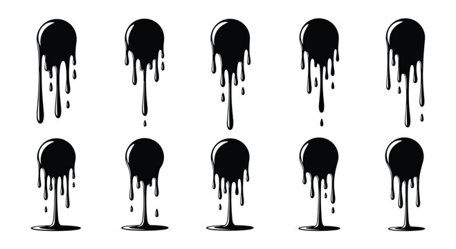 Collection of black liquid paint or ink drips flowing down from circular shapes creating a striking high contrast design.