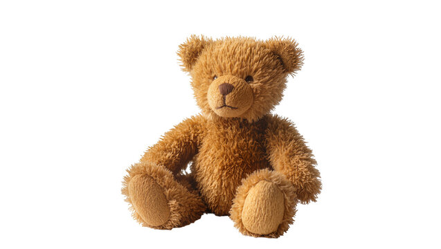 Fluffy brown teddy bear toy sitting, isolated on transparent background