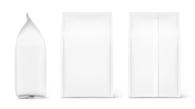 Vertical gusset bag mockup for food, sport nutrition. Front, side and back views. Vector illustration isolated on white background. Can be use for template your design. EPS10.
