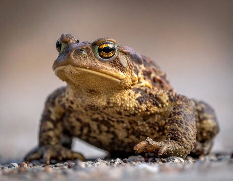 Close-up of a brown toad with textured skin and bright eyes on gravel