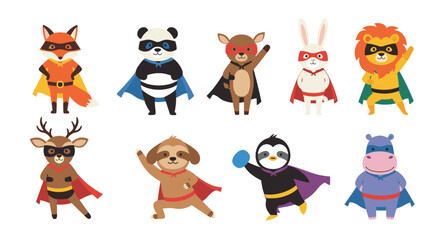 Obraz premium Collection of cute cartoon animals dressed as superheroes with masks and capes in various dynamic poses on white background.